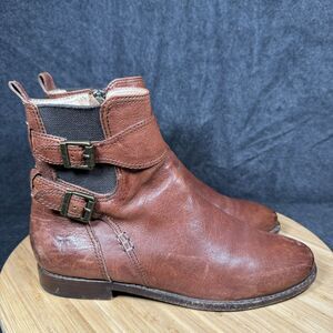 Frye Anna Gore Ankle Boots Women’s Size 7 Brown Leather Buckles Zip Comfort
